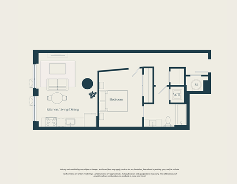 Floor plan for 1 bed, 1 bath, 707 sqft